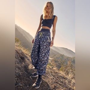 Free People Floral Track Pants - Blue and White